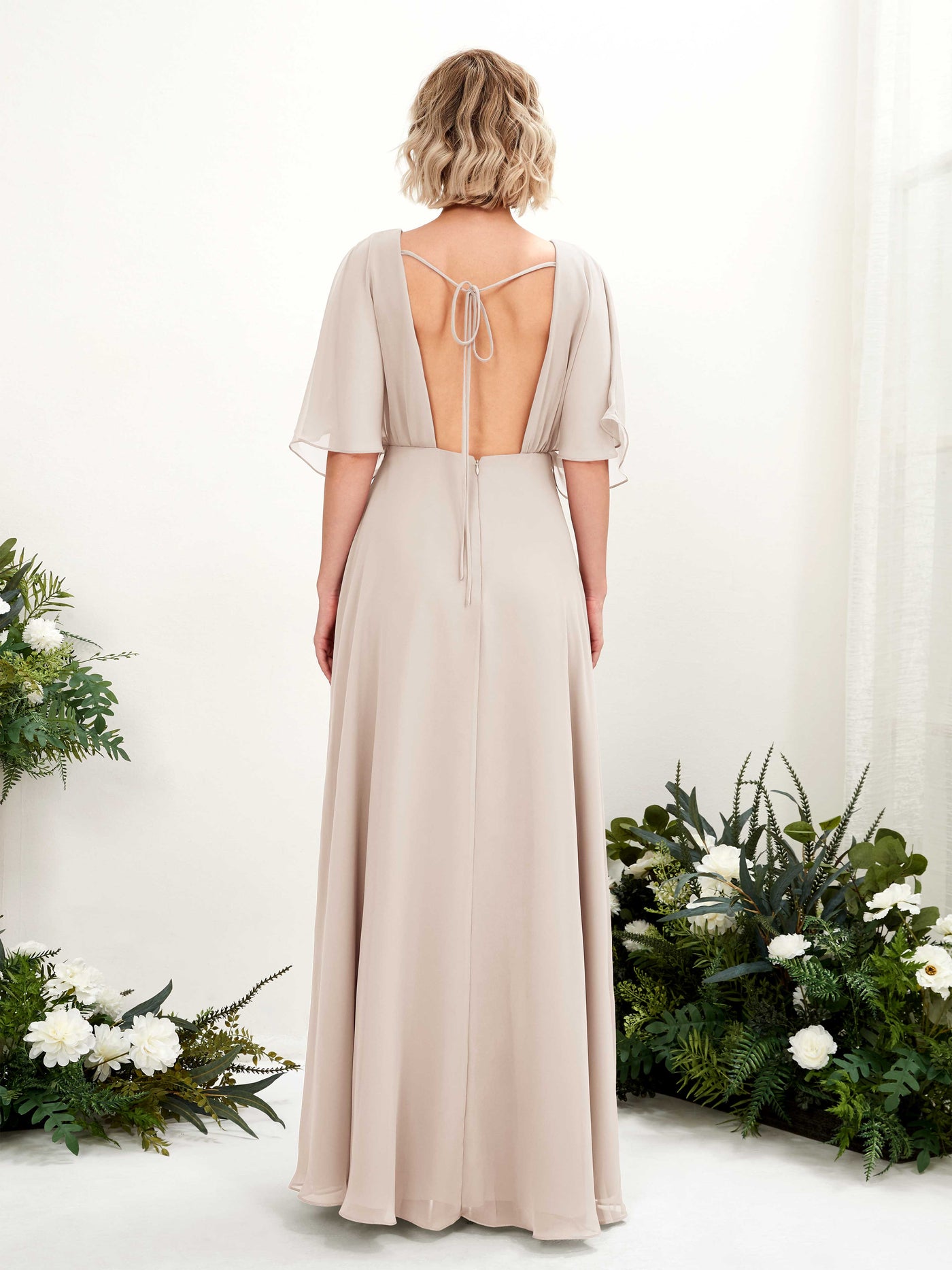 V-neck 1/2 Sleeves Chiffon Bridesmaid Dress - Champagne (81225116)#color_champagne
