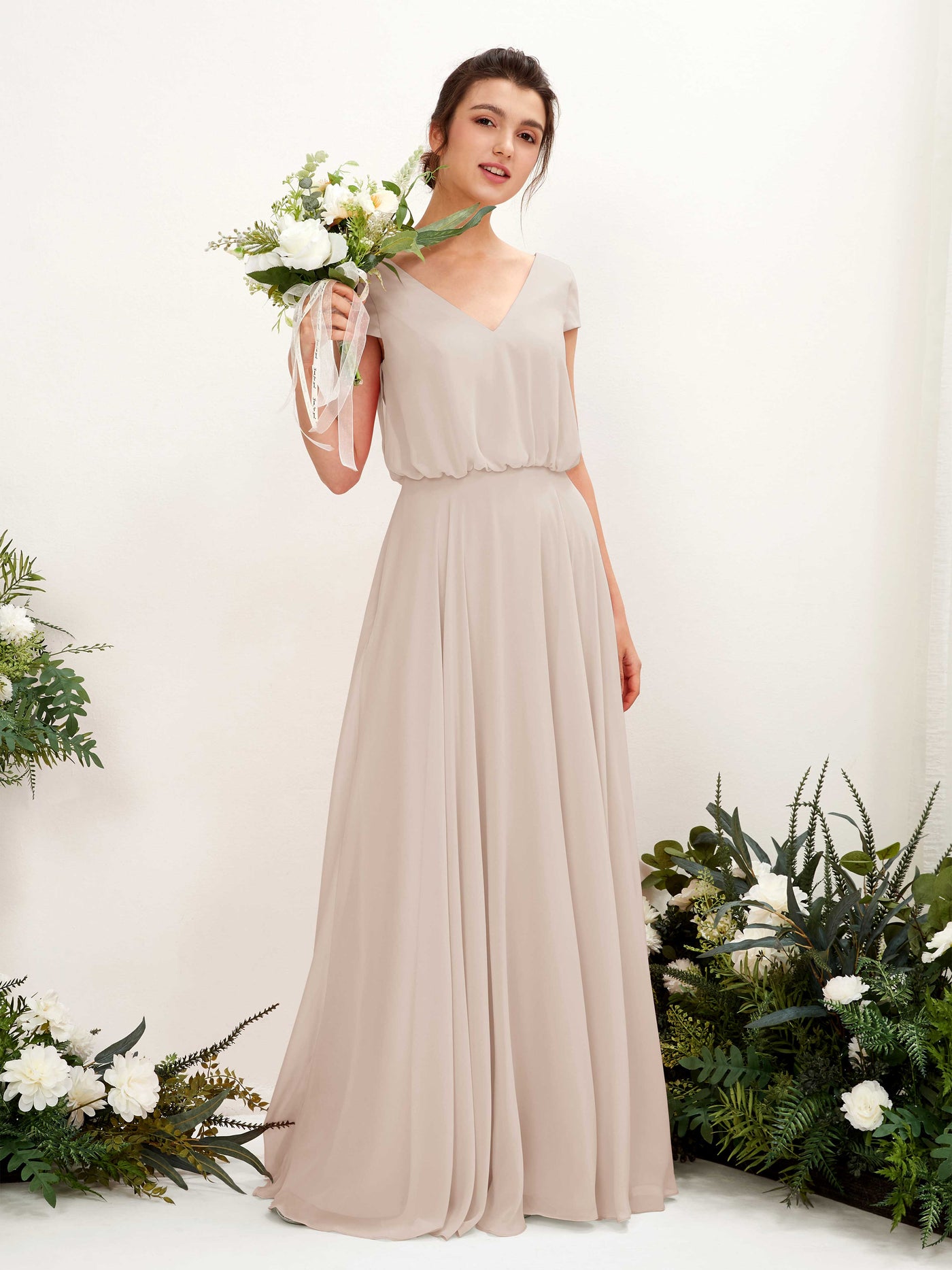 V-neck Cap Sleeves Chiffon Bridesmaid Dress - Champagne (81221816)#color_champagne