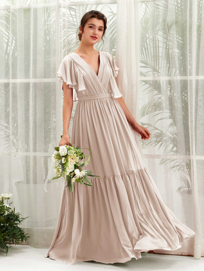 Carlyna Chaya A-Line Champagne Bridesmaid Dress Maxi Cap Sleeve V-Neck Dress Front View #color_champagne