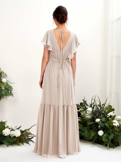 Carlyna Chaya A-Line Champagne Bridesmaid Dress Maxi Cap Sleeve V-Neck Dress Back View #color_champagne