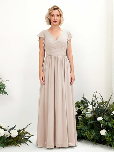 Carlyna Grino A-Line Champagne Bridesmaid Dress Maxi Cap Sleeve V-Neck Dress Front View #color_champagne