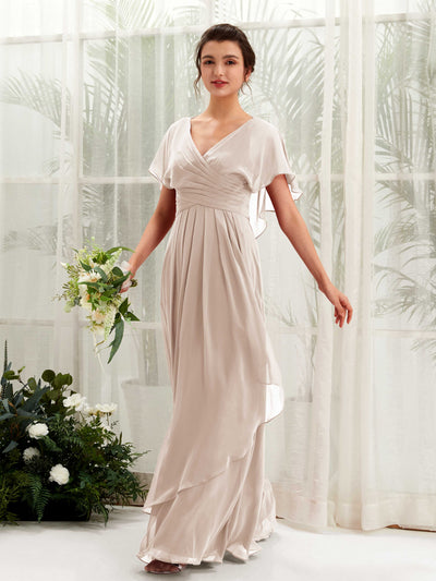 Carlyna Darlene A-Line Champagne Bridesmaid Dress Maxi Short Sleeve V-Neck Dress Front View #color_champagne