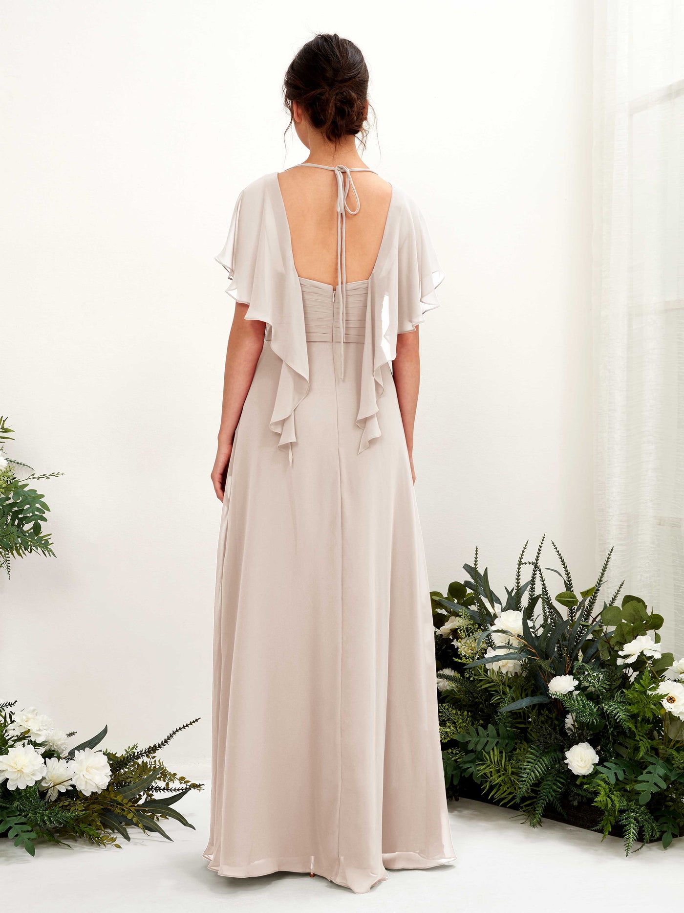 V-neck Short Sleeves Chiffon Bridesmaid Dress - Champagne (81226116)#color_champagne