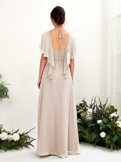 Carlyna Darlene A-Line Champagne Bridesmaid Dress Maxi Short Sleeve V-Neck Dress Back View #color_champagne