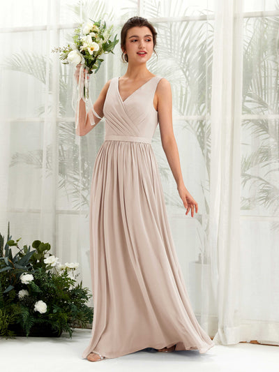 Carlyna Barbara A-Line Champagne Bridesmaid Dress Maxi Sleeveless V-Neck Dress Front View #color_champagne