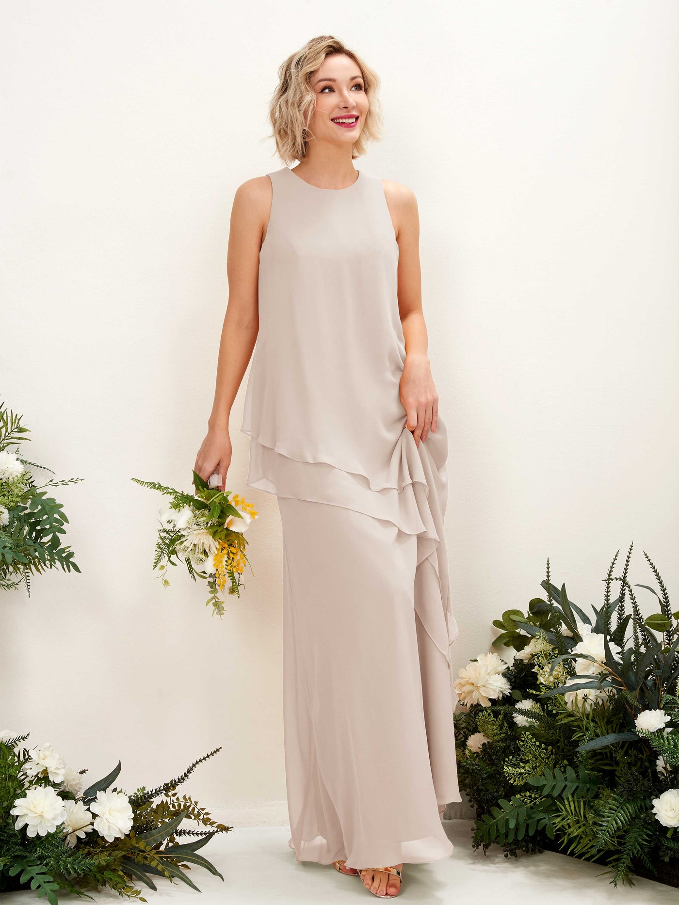 Round Sleeveless Chiffon Bridesmaid Dress - Champagne (81222316)#color_champagne
