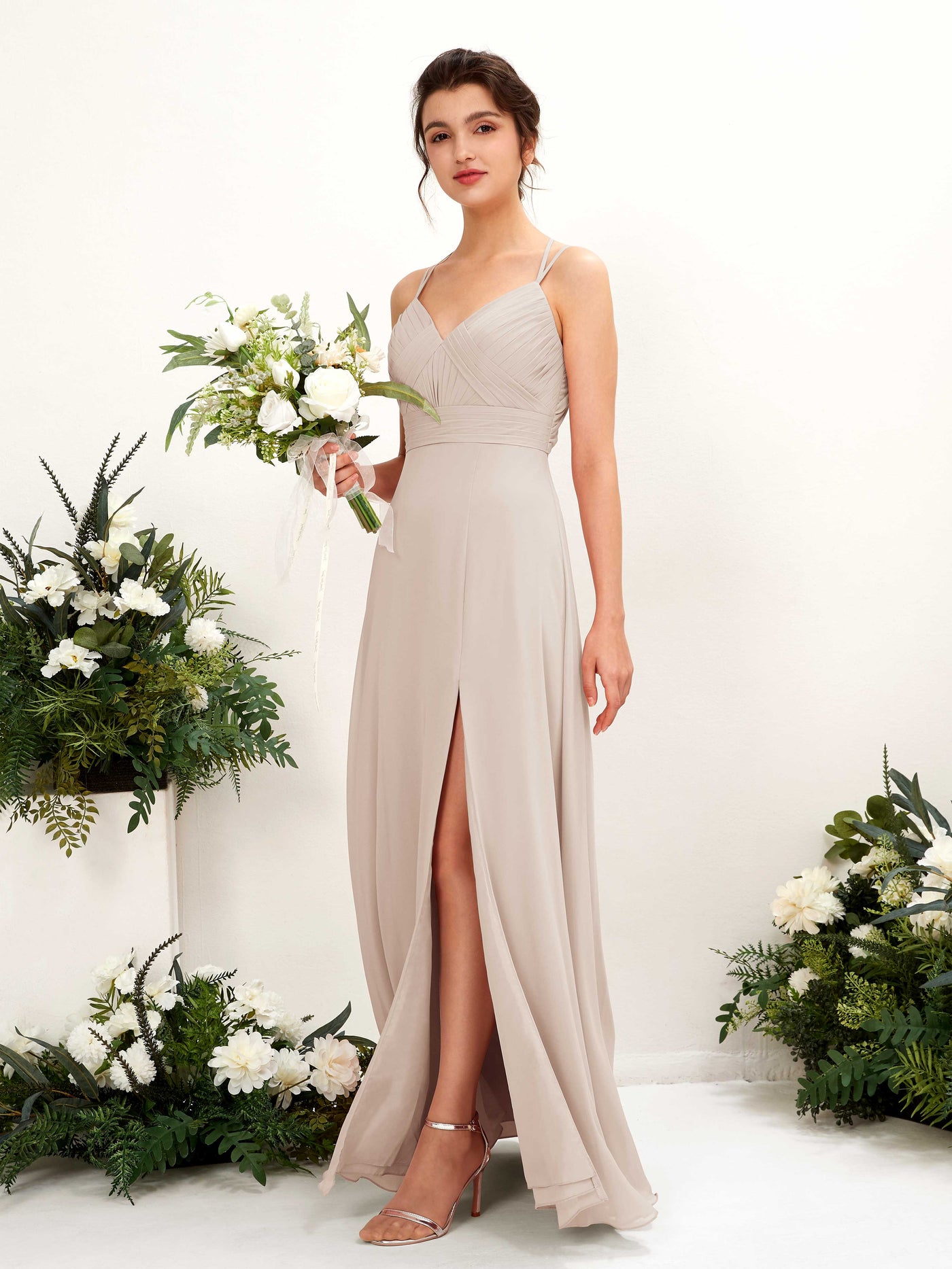 Straps V-neck Sleeveless Chiffon Bridesmaid Dress - Champagne (81225416)#color_champagne