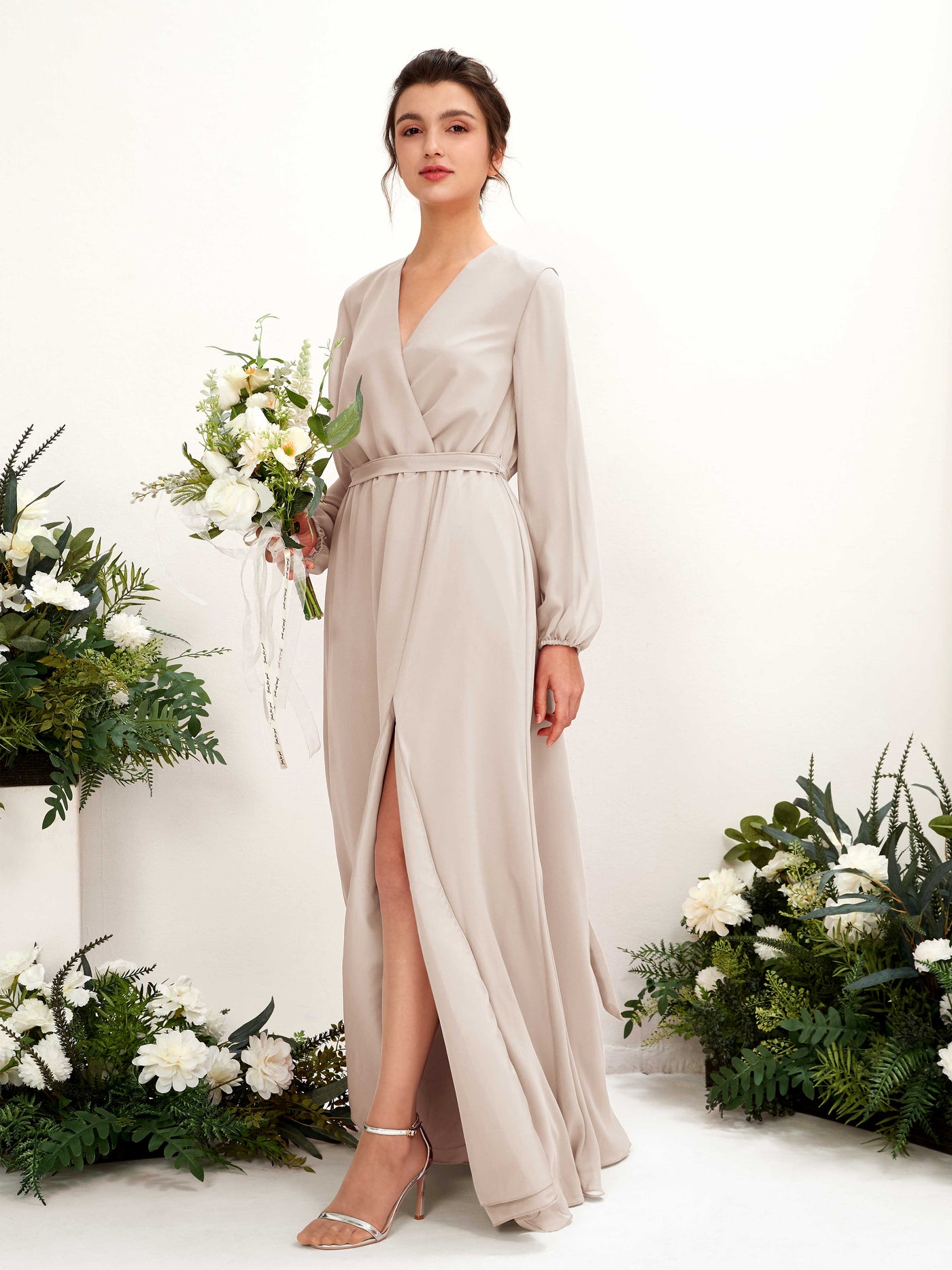 V-neck Long Sleeves Chiffon Bridesmaid Dress - Champagne (81223216)#color_champagne