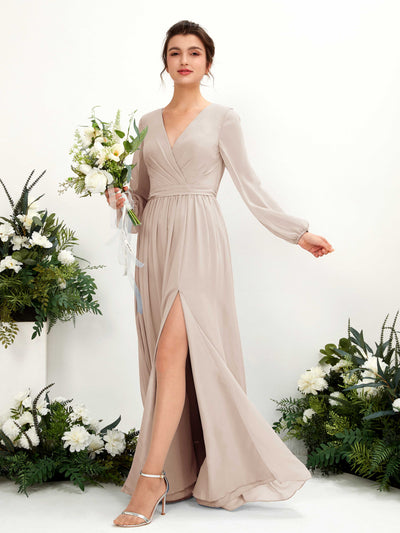 Carlyna Ginny A-Line Champagne Bridesmaid Dress Maxi Long Sleeve V-Neck Front View #color_champagne