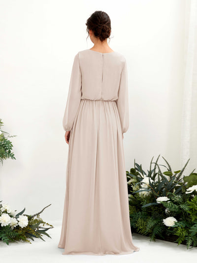 Carlyna Ginny A-Line Champagne Bridesmaid Dress Maxi Long Sleeve V-Neck Back View #color_champagne