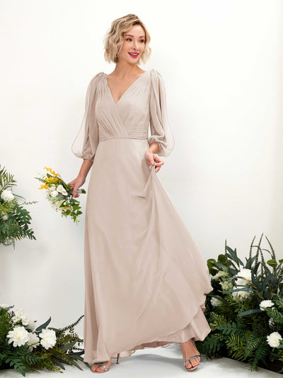 Carlyna Antonia A-Line Champagne Bridesmaid Dress Maxi Three Quarter Sleeve V-Neck Dress Front View #color_champagne