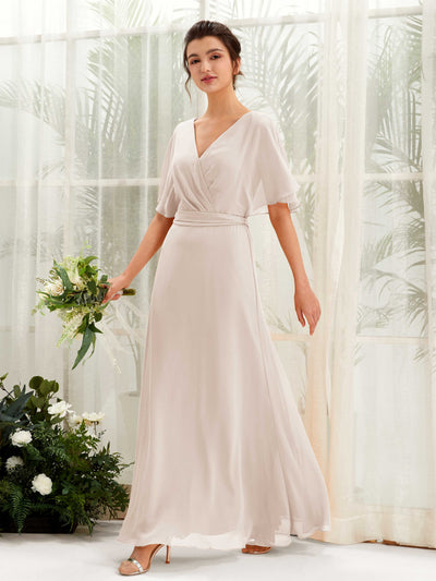 Carlyna Merta A-Line Champagne Bridesmaid Dress Maxi Short Sleeve V-Neck Dress #color_champagne
