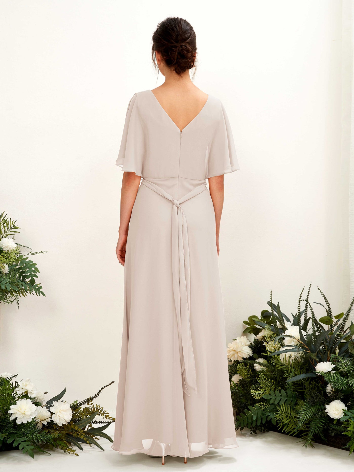 V-neck Short Sleeves Chiffon Bridesmaid Dress - Champagne (81222416)#color_champagne