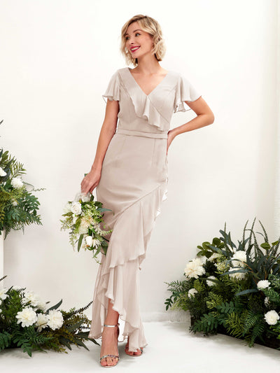 Carlyna Eartha Mermaid Champagne Bridesmaid Dress Maxi Cap Sleeve V-Neck Dress Front View #color_champagne