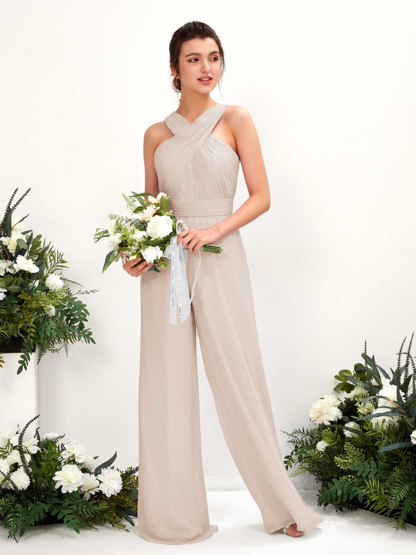 V-neck Sleeveless Chiffon Bridesmaid Dress Wide-Leg Jumpsuit - Champagne (81220716)#color_champagne