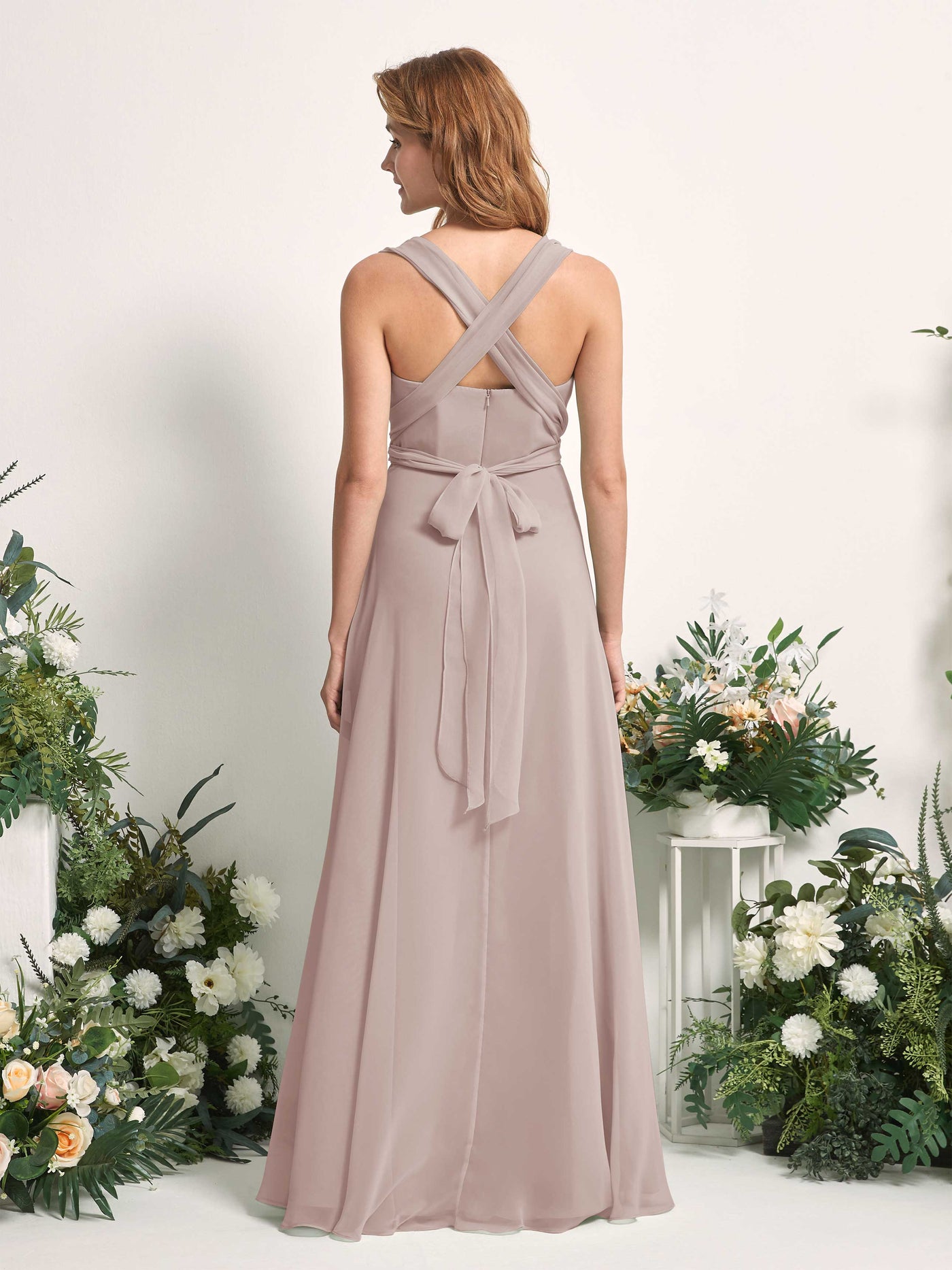 Bridesmaid Dress A-line Chiffon Halter Full Length Short Sleeves Wedding Party Dress - Taupe (81226324)#color_taupe