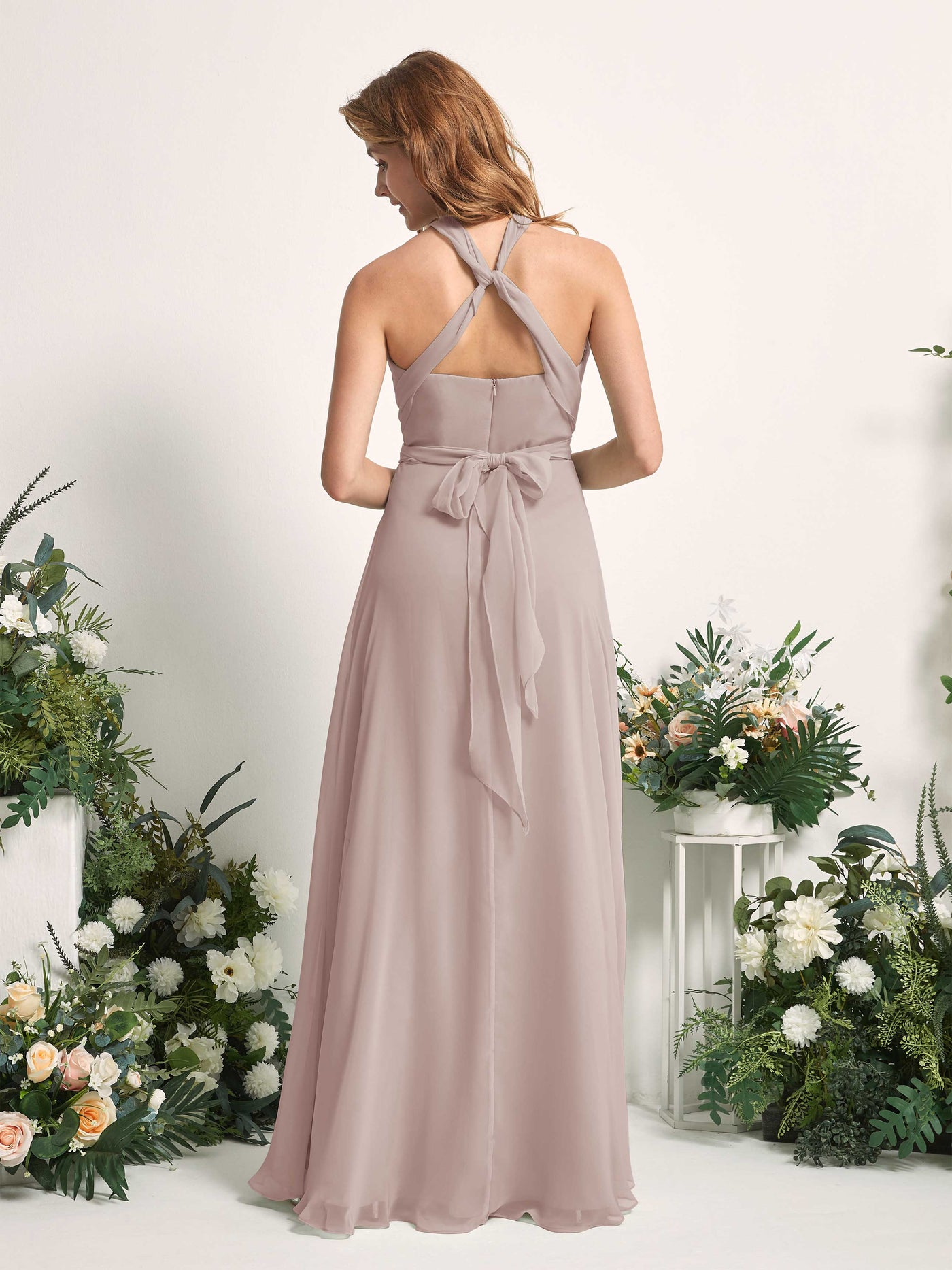 Bridesmaid Dress A-line Chiffon Halter Full Length Short Sleeves Wedding Party Dress - Taupe (81226324)#color_taupe
