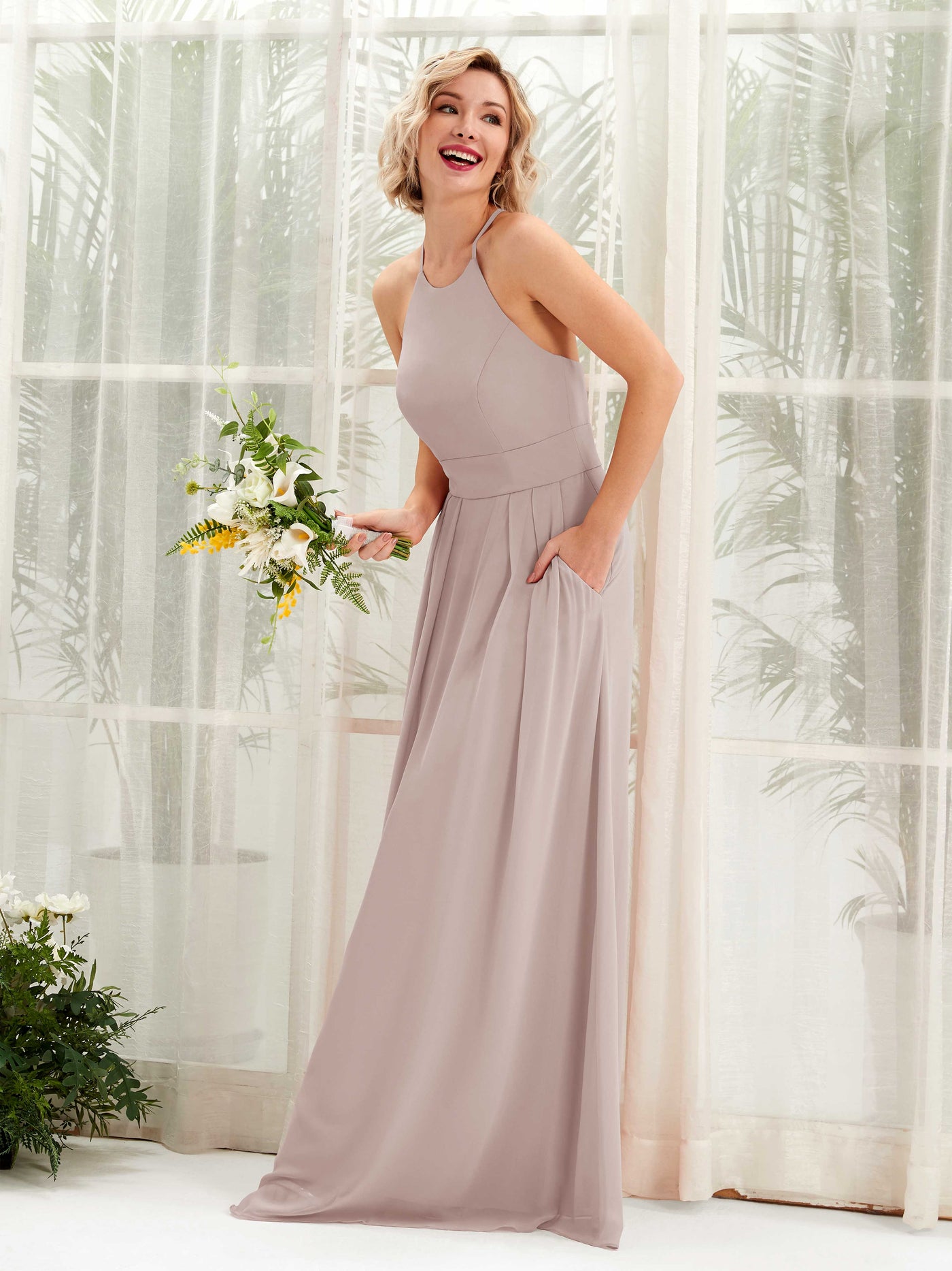 A-line Ball Gown Halter Spaghetti-straps Sleeveless Bridesmaid Dress - Taupe (81225224)#color_taupe