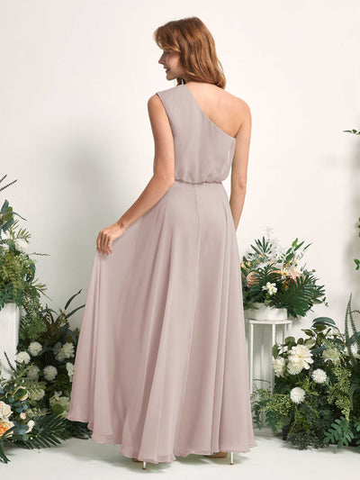 Carlyna Cecily A-Line Taupe Bridesmaid Dress Maxi Sleeveless One Shoulder Dress Back View #color_taupe
