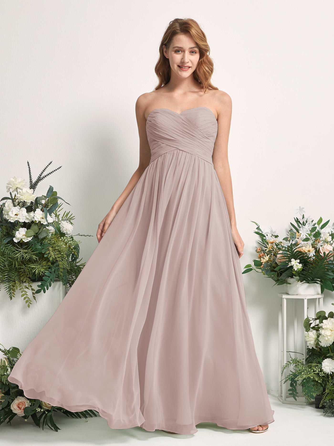 Bridesmaid Dress A-line Chiffon Sweetheart Full Length Sleeveless Wedding Party Dress - Taupe (81226924)#color_taupe