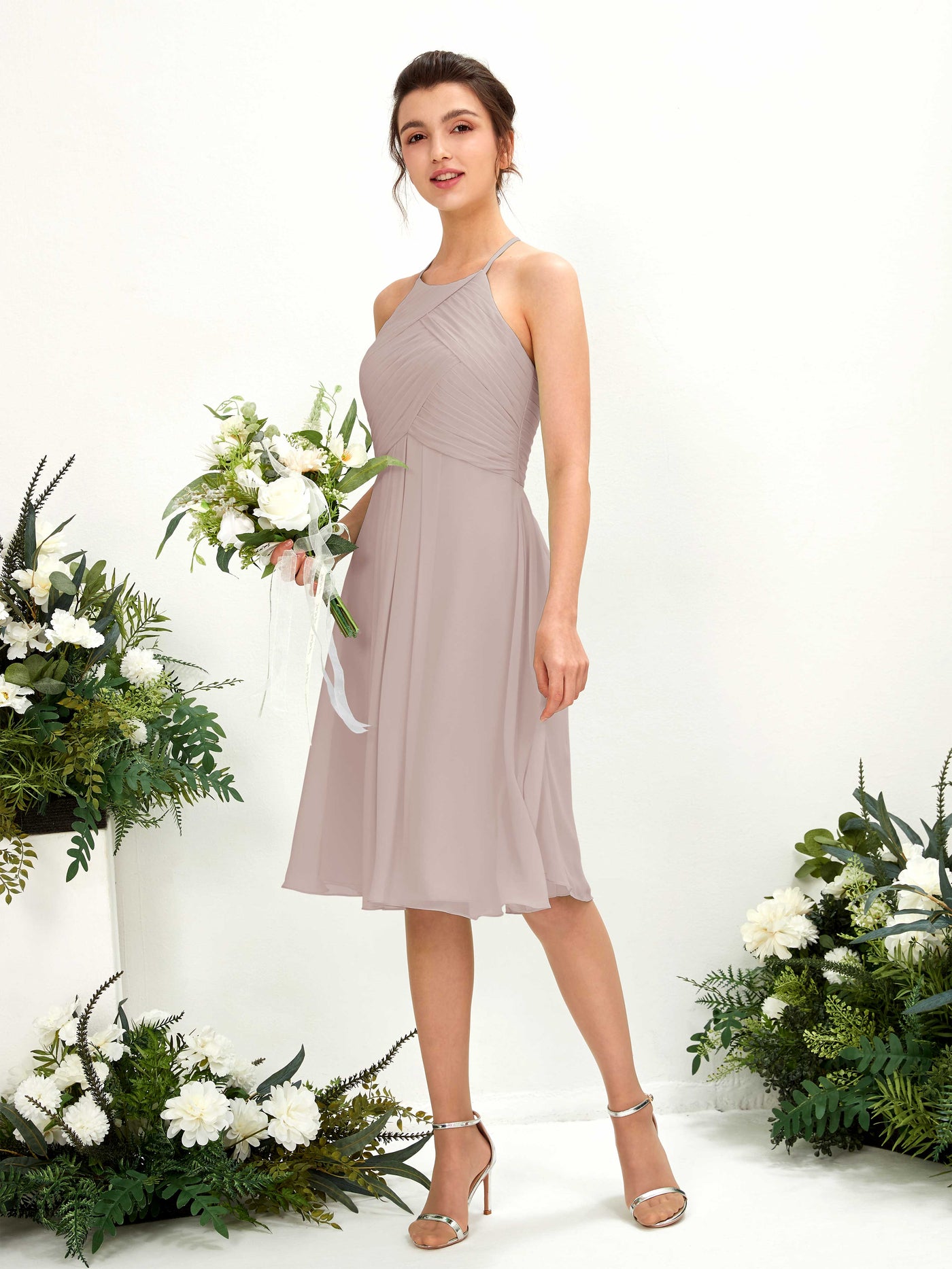 A-line Halter Sleeveless Chiffon Bridesmaid Dress - Taupe (81220424)#color_taupe