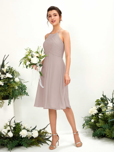 Carlyna Davina A-Line Taupe Bridesmaid Dress Knee-Length Sleeveless Round Neck Dress Front View #color_taupe
