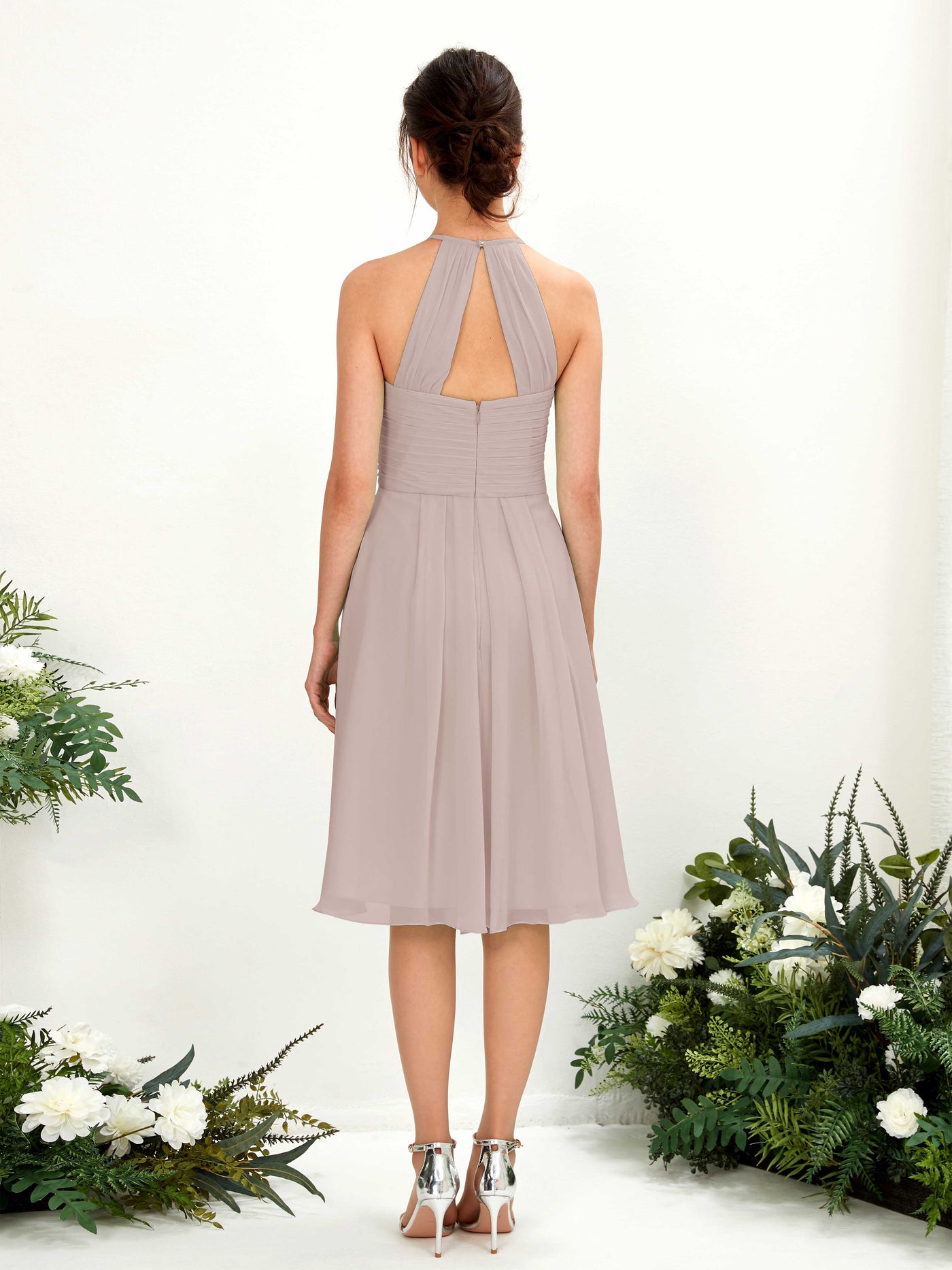 A-line Halter Sleeveless Chiffon Bridesmaid Dress - Taupe (81220424)#color_taupe
