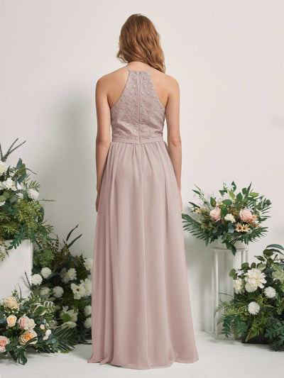 Carlyna Denise A-Line Taupe Embroidered Bridesmaid Dress Maxi Sleeveless Round Neck Dress Back View #color_taupe