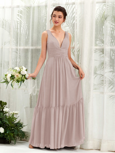 Carlyna Alissa A-Line Taupe Bridesmaid Dress Maxi Sleeveless V-Neck Dress Front View #color_taupe