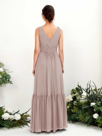 Carlyna Alissa A-Line Taupe Bridesmaid Dress Maxi Sleeveless V-Neck Dress Back View #color_taupe