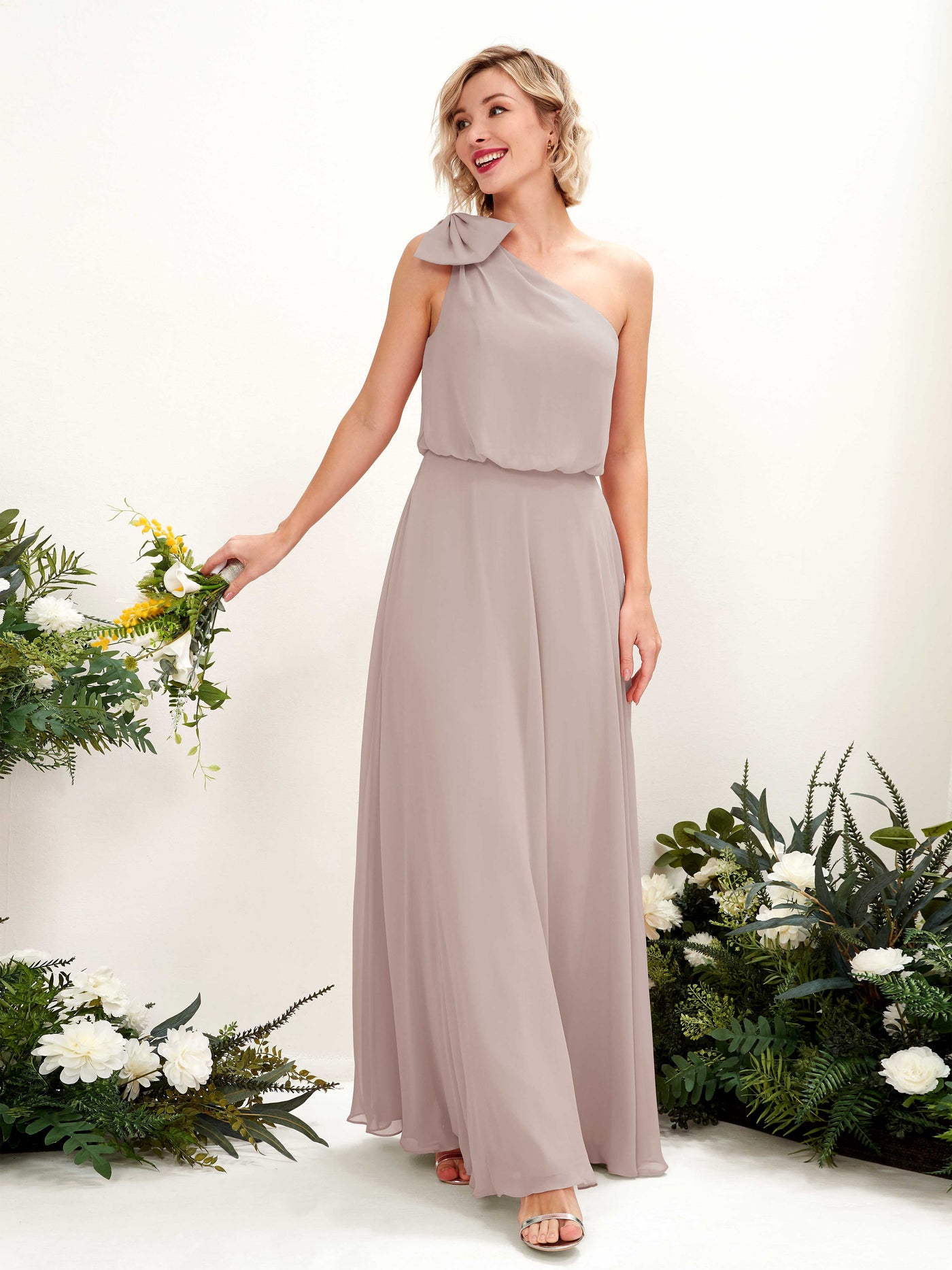 A-line One Shoulder Sleeveless Chiffon Bridesmaid Dress - Taupe (81225524)#color_taupe