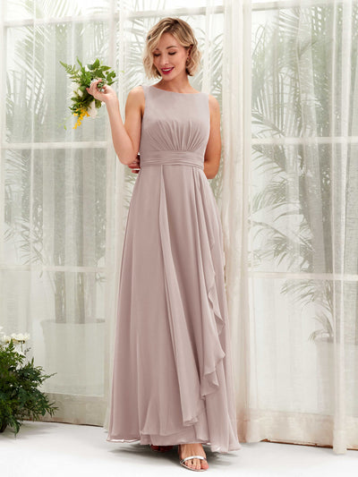 Carlyna Brianna A-Line Taupe Bridesmaid Dress Maxi Sleeveless Boat Neck Dress Front View #color_taupe
