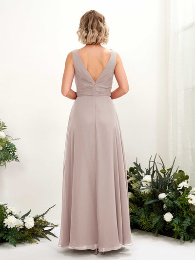 Carlyna Brianna A-Line Taupe Bridesmaid Dress Maxi Sleeveless Boat Neck Dress Back View #color_taupe