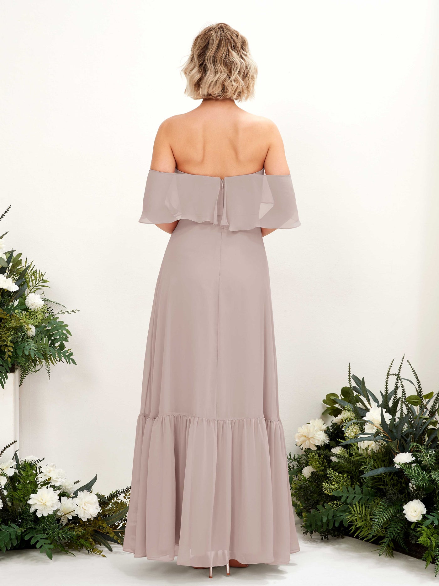 A-line Off Shoulder Chiffon Bridesmaid Dress - Taupe (81224524)#color_taupe