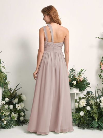 Carlyna Evelyn A-Line Taupe Bridesmaid Dress Maxi Sleeveless One Shoulder Dress Back View #color_taupe