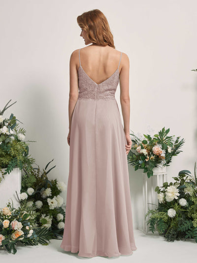 Carlyna Gail A-Line Taupe Beaded Bridesmaid Dress Maxi Sleeveless V-Neck Dress Back View #color_taupe