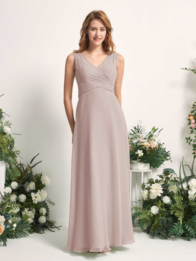 Carlyna June A-Line Taupe Bridesmaid Dress Maxi Sleeveless V-Neck Dress #color_taupe