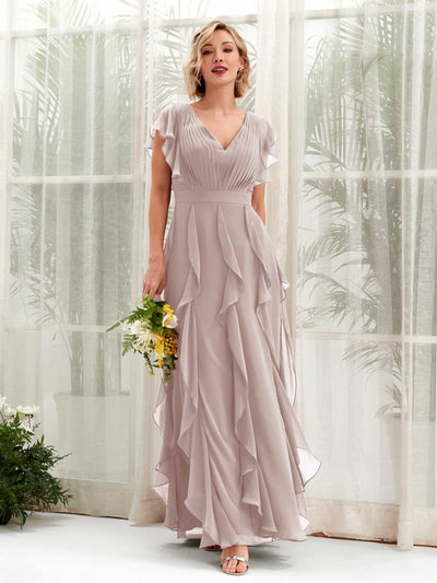 Carlyna Cynthia A-Line Taupe Bridesmaid Dress Maxi Cap Sleeve V-Neck Dress Front View #color_taupe