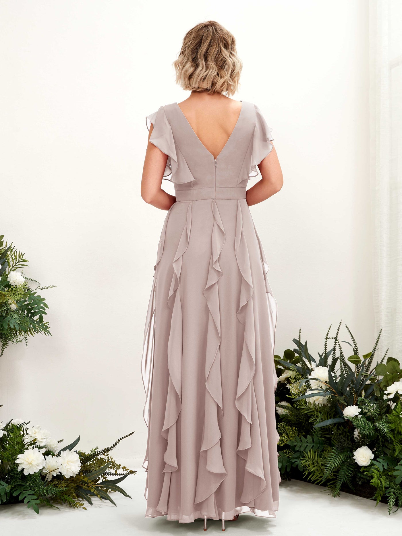 A-line V-neck Short Sleeves Chiffon Bridesmaid Dress - Taupe (81226024)#color_taupe
