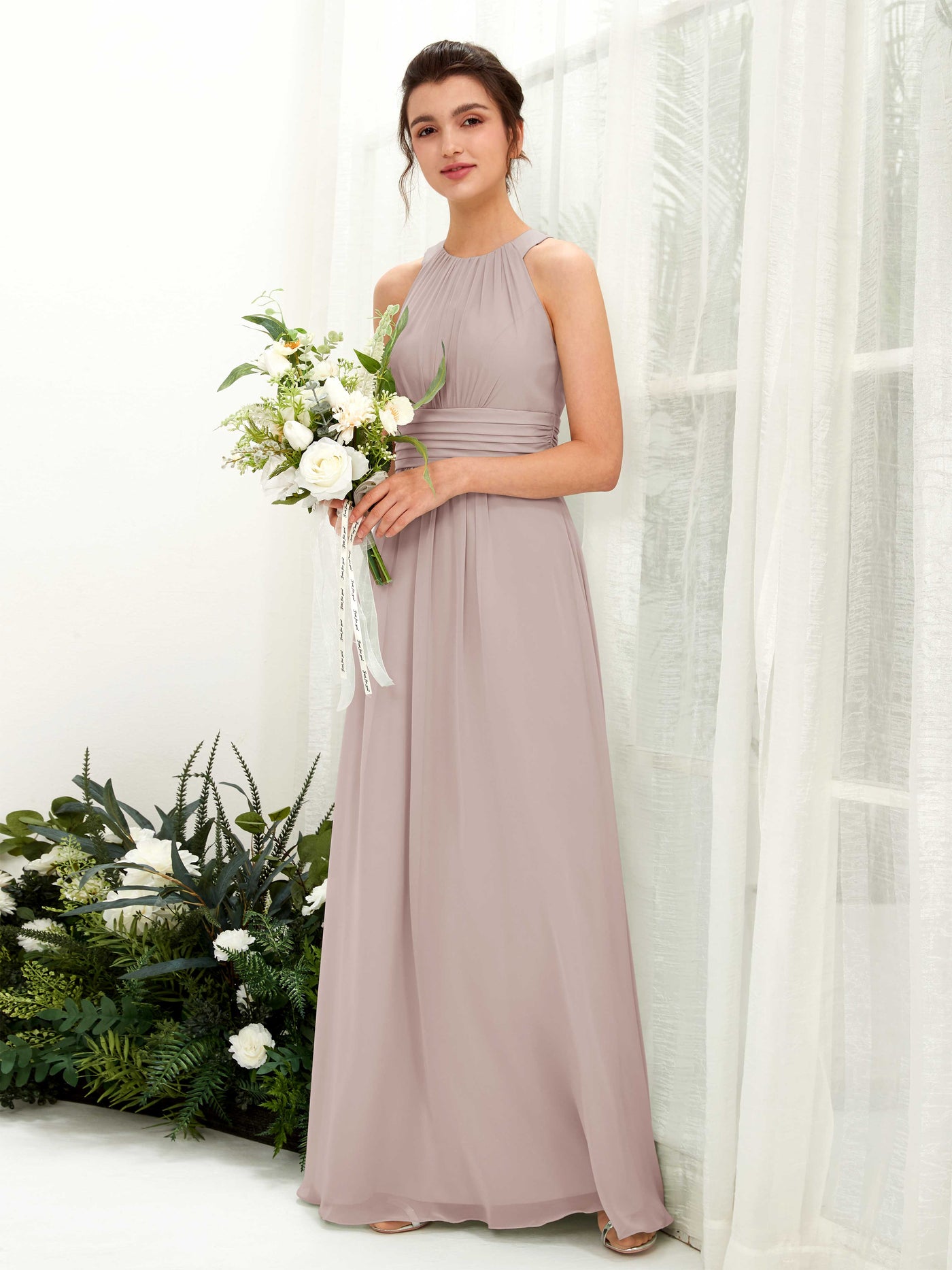 A-line Round Sleeveless Chiffon Bridesmaid Dress - Taupe (81221524)#color_taupe