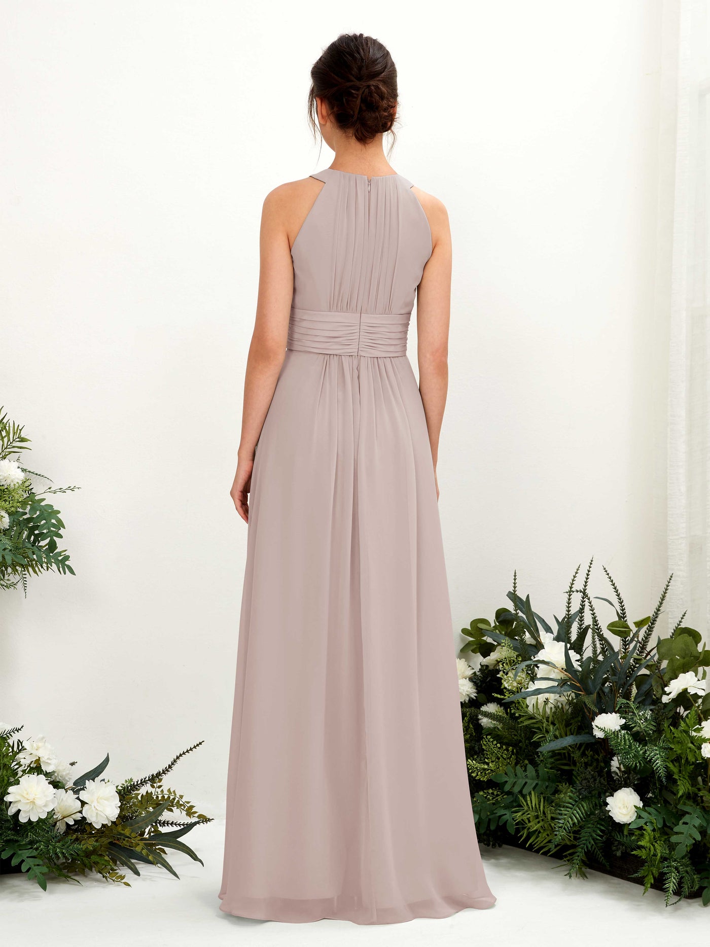 A-line Round Sleeveless Chiffon Bridesmaid Dress - Taupe (81221524)#color_taupe