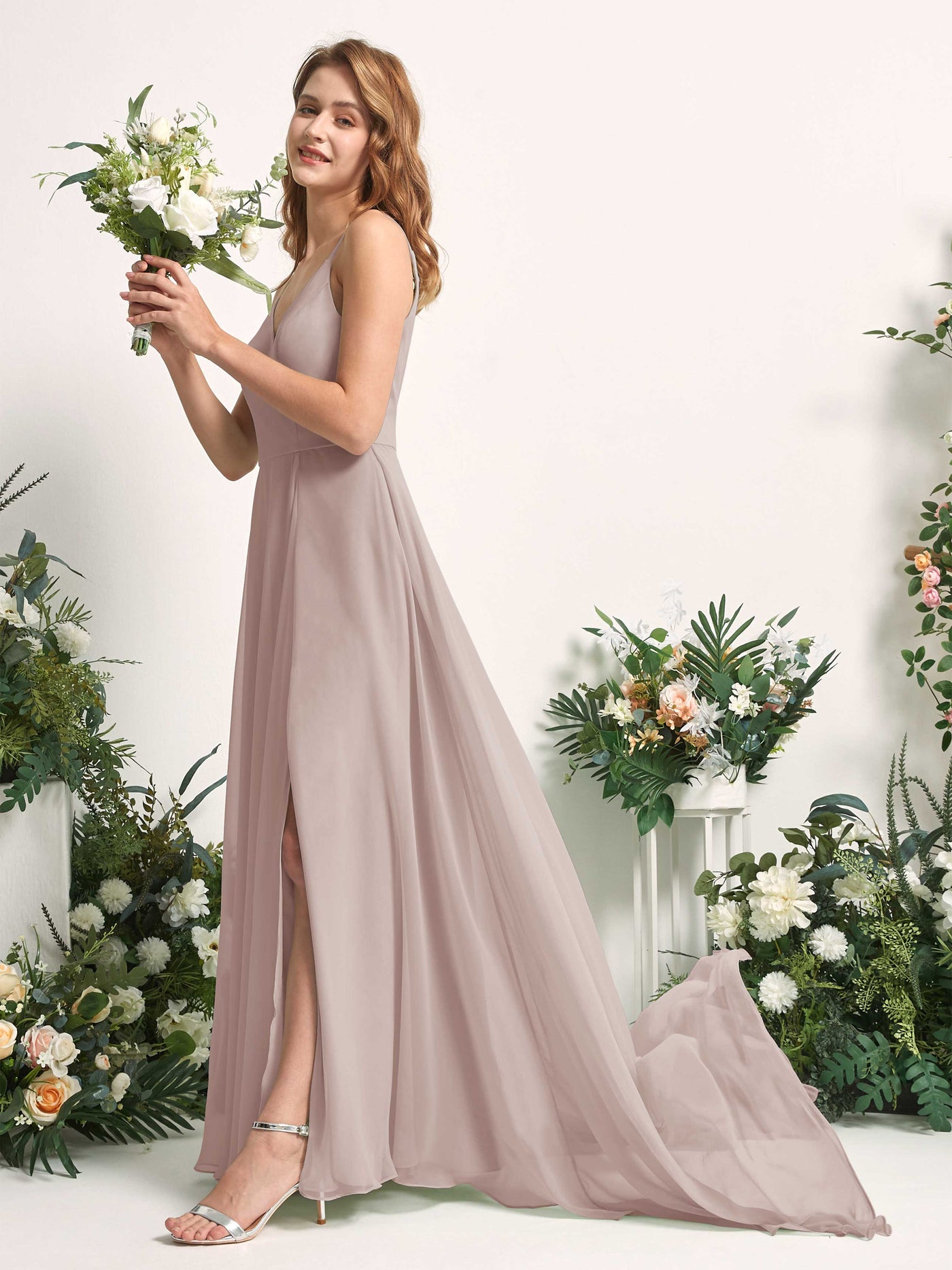 Bridesmaid Dress A-line Chiffon Spaghetti-straps Full Length Sleeveless Wedding Party Dress - Taupe (81227724)#color_taupe