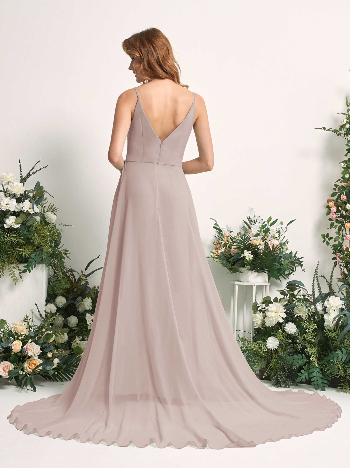Bridesmaid Dress A-line Chiffon Spaghetti-straps Full Length Sleeveless Wedding Party Dress - Taupe (81227724)#color_taupe