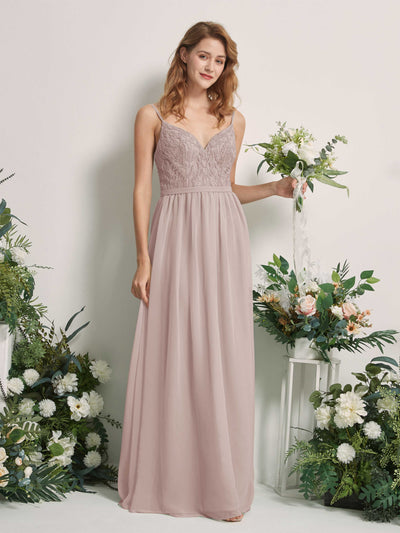 Carlyna Alexandra A-Line Taupe Beaded Bridesmaid Dress Maxi Sleeveless V-Neck Dress Front View #color_taupe