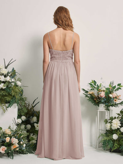 Carlyna Alexandra A-Line Taupe Beaded Bridesmaid Dress Maxi Sleeveless V-Neck Dress Back View #color_taupe