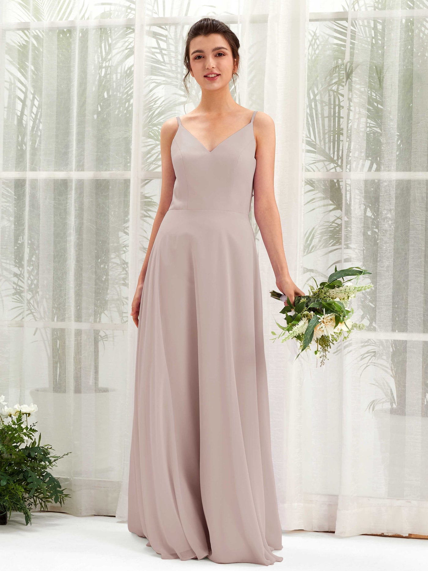 A-line Spaghetti-straps V-neck Sleeveless Chiffon Bridesmaid Dress - Taupe (81220624)#color_taupe