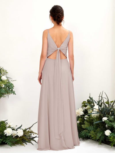 Carlyna Elsa A-Line Taupe Bridesmaid Dress Maxi Sleeveless V-Neck Dress Back View #color_taupe