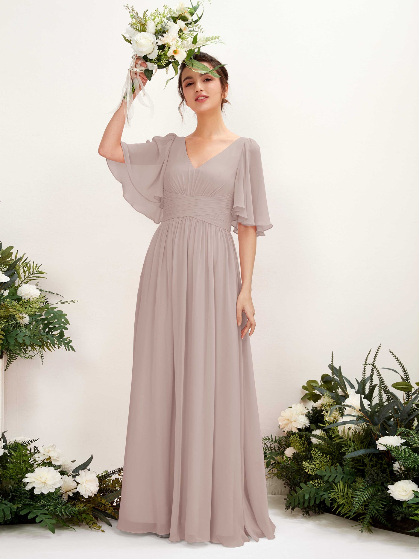 A-line V-neck 1/2 Sleeves Chiffon Bridesmaid Dress - Taupe (81221624)#color_taupe