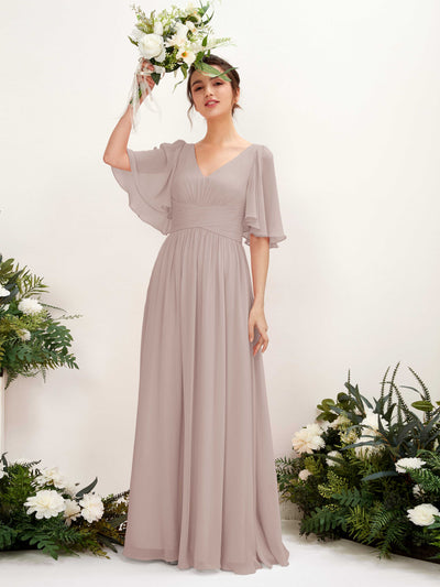 Carlyna Odette A-Line Taupe Bridesmaid Dress Maxi Short Sleeve V-Neck Dress #color_taupe