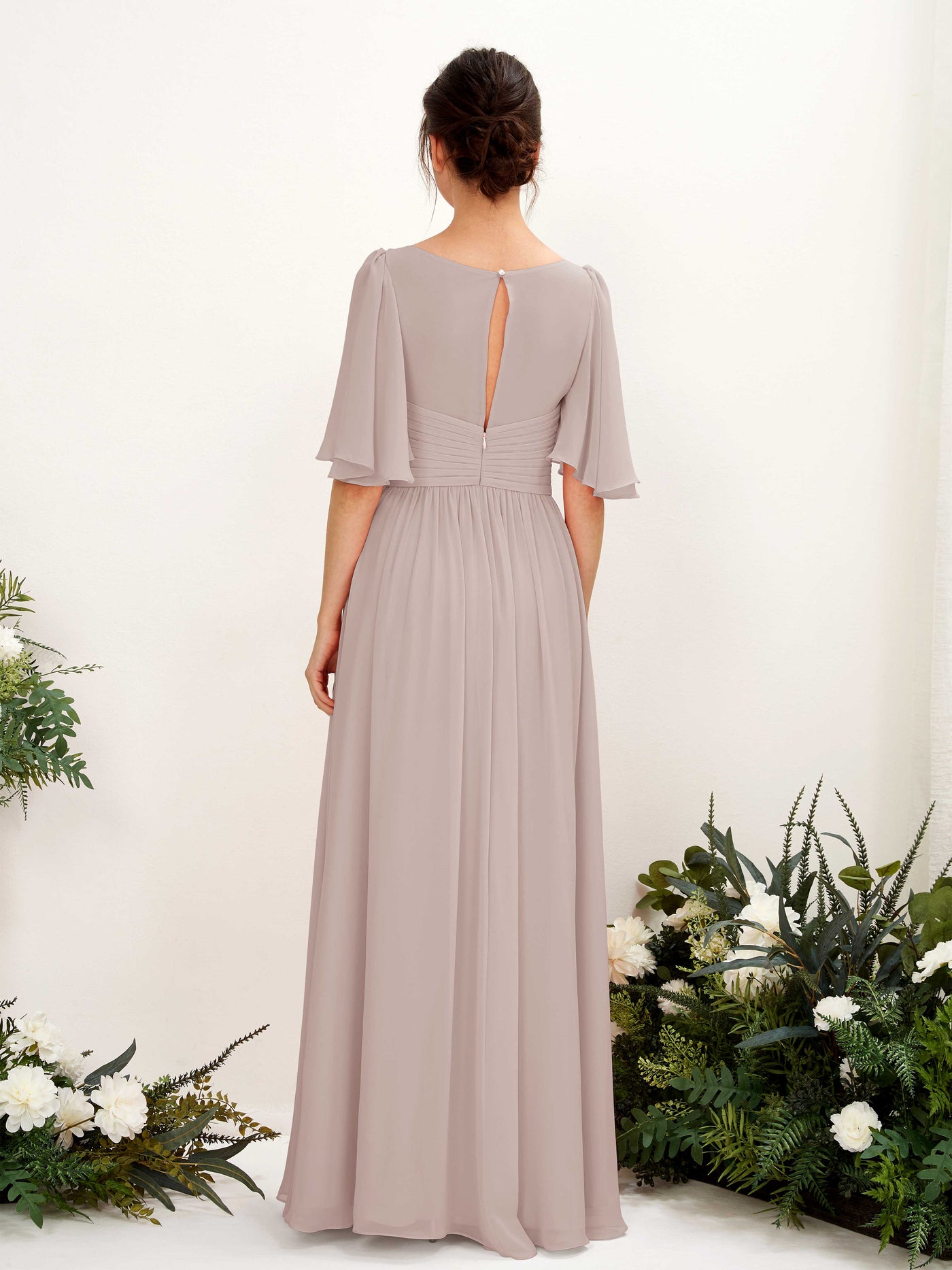 A-line V-neck 1/2 Sleeves Chiffon Bridesmaid Dress - Taupe (81221624)#color_taupe